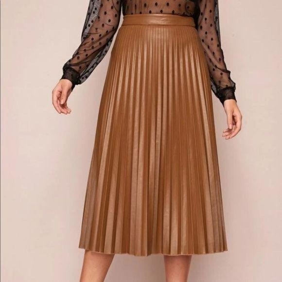 Dresses & Skirts - Accordion pleated vegan leather skirt camel brown